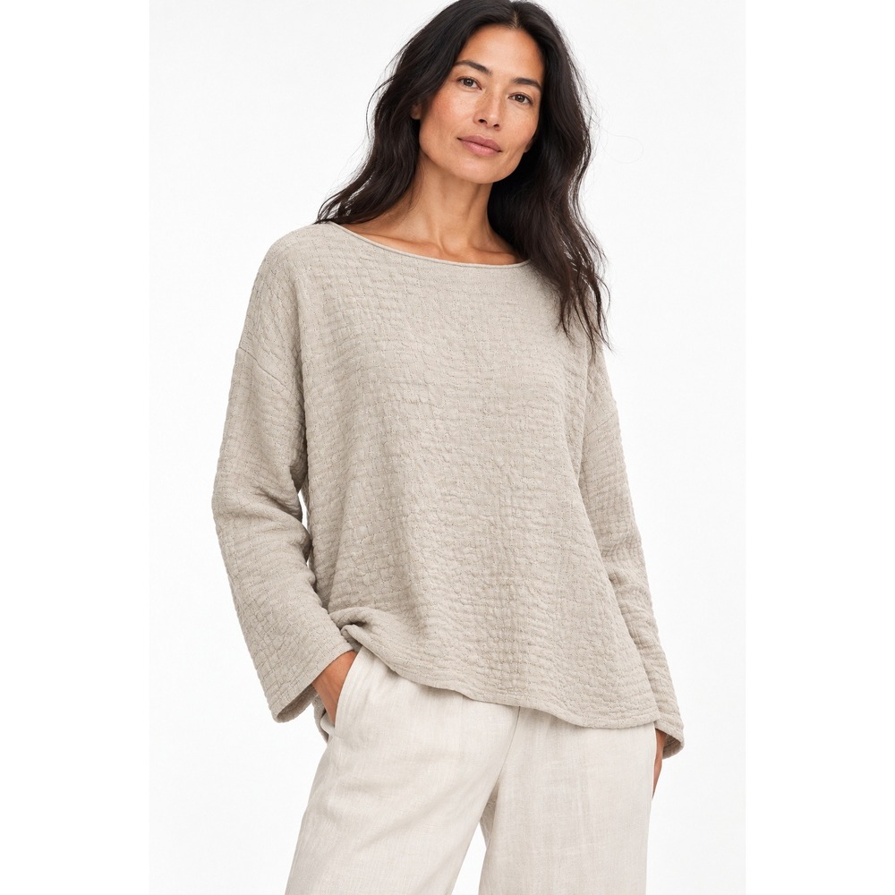 Eileen Fisher Organic Linen Cotton Puckered Knit Boat Neck Top Beige Small
